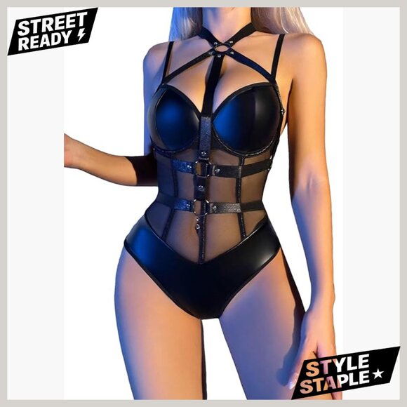 PU Leather Strappy Bodysuit X-Large Stretch Fit Valentine's Nightwear